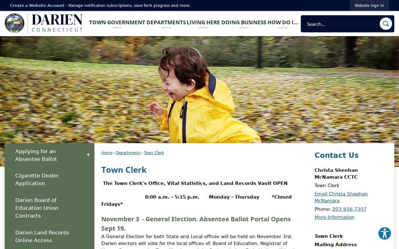 Darien residents directory Town Clerk records office