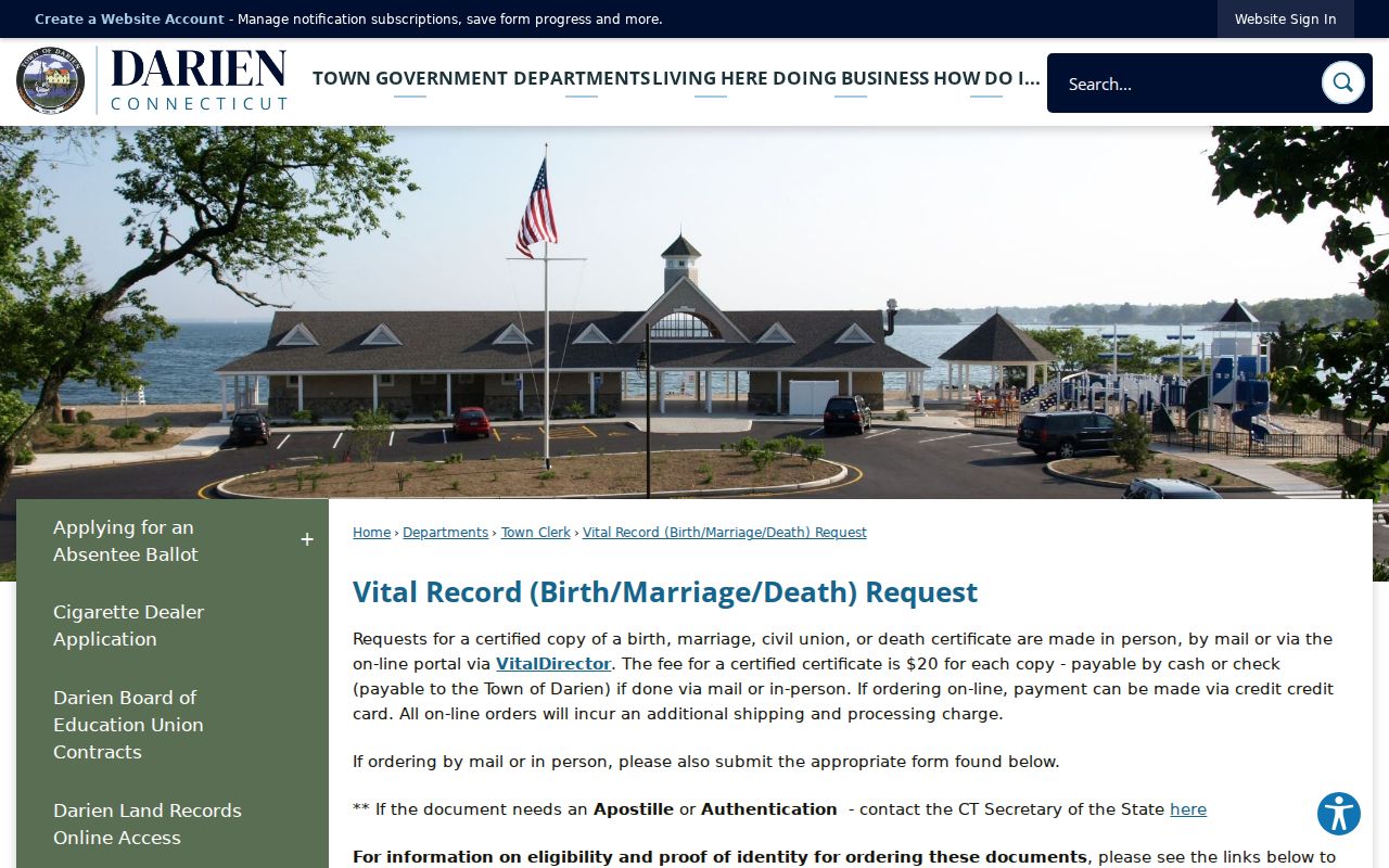 Darien residents directory vital record request route