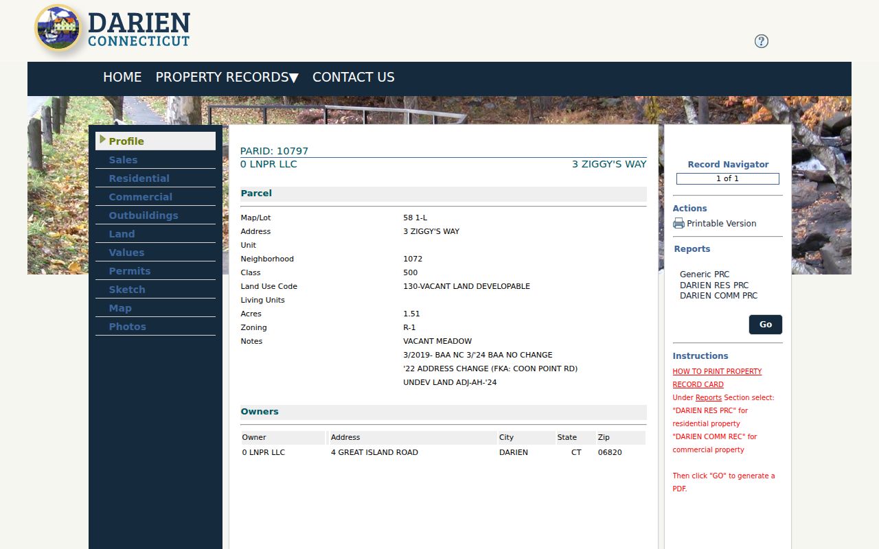 Darien street directory Assessor parcel card and address record